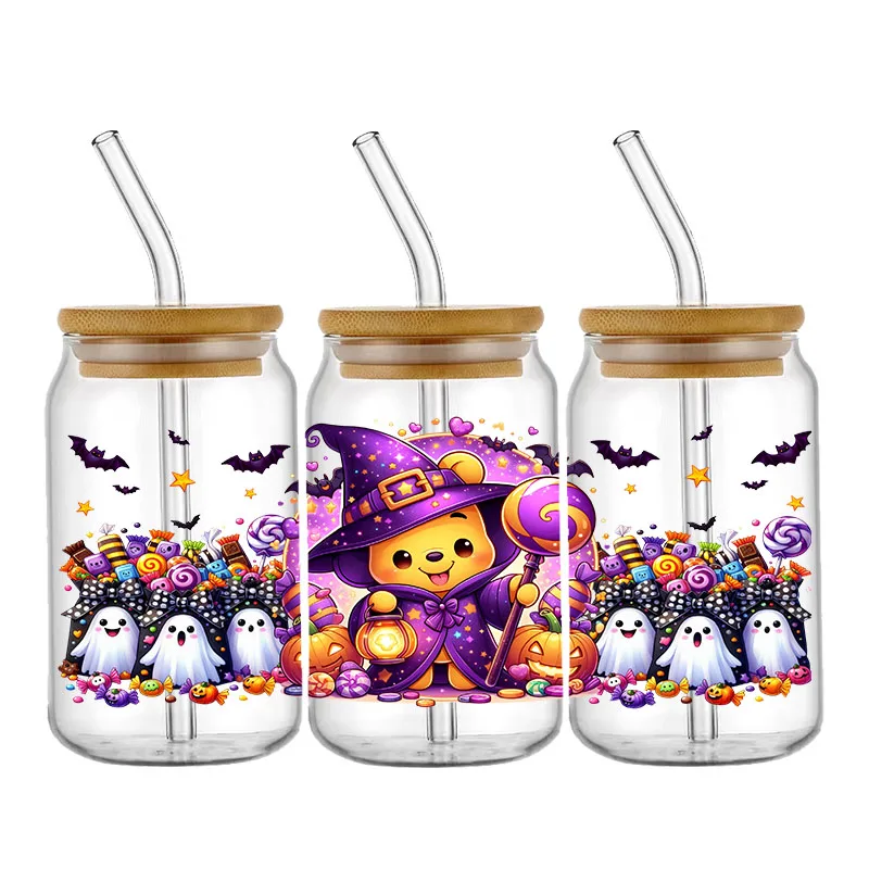 Disney Halloween Mickey Stitch UV DTF Cup Wraps Transfer Sticker For 16OZ Glass Libbey Can Bottle Selfadhesive Washable DIY