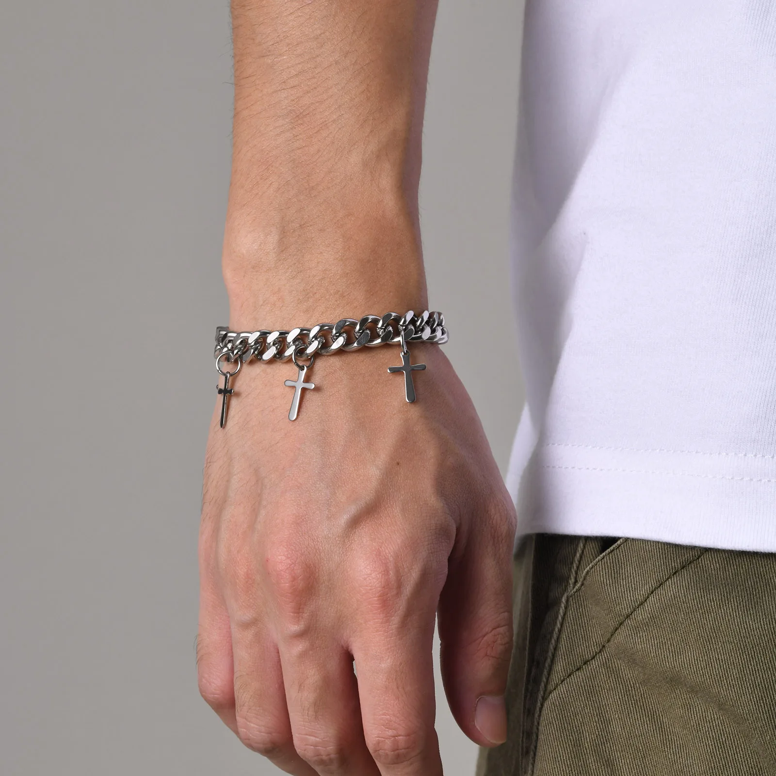 Mprainbow Mens 9MM Cuban Chain Bracelets, Waterproof Stainless Steel Link Chain Wristband with Cross Charm Gifts for Him Jewelry image 2