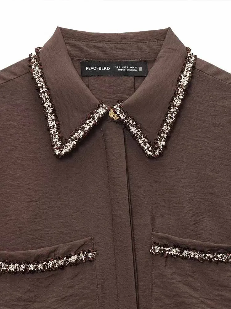 Nowa europejska i amerykańska moda damska, styl casual, dojazdy do pracy, uniwersalna koszula z klapami, długie rękawy z ozdobnym wykończeniem.