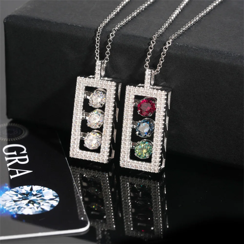 925Silver Multi Color Moissanite Rectangle Hollow Pendant, Iced Out Three Stones Vertical Bar Hip Hop Charm Necklace, Unisex Trendy Street Bling Jewelry, Birthday Anniversary Valentine Christmas Holiday Gift for Rapper Club Daily Matching Outfit Accessory