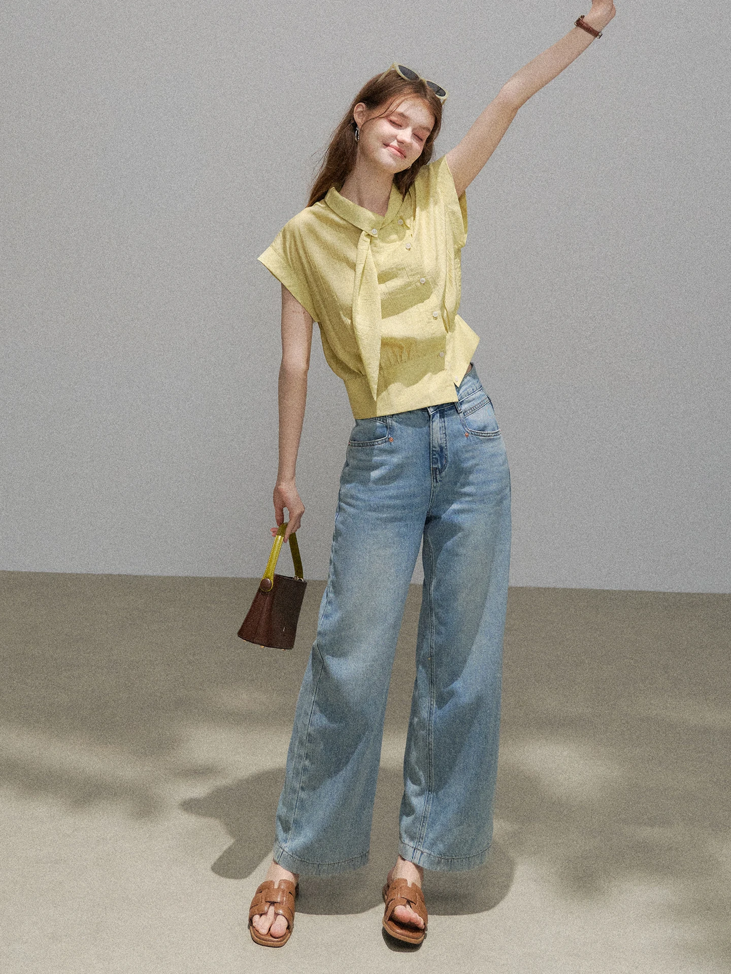 Lemon Yellow Pleated Short Collar Women's Shirt Summer Slimming Commute Top Korean Style Loose Fit Button up Casual Shirt