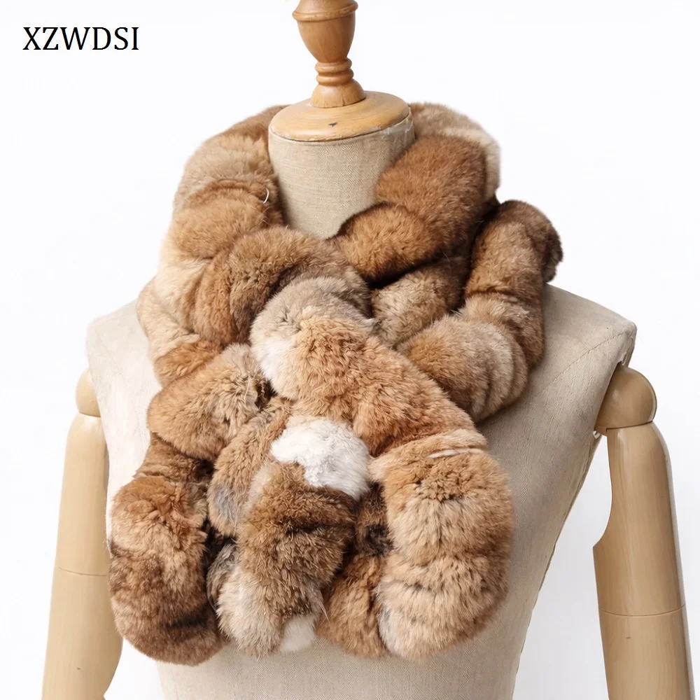 

Зимние женские теплые мягкие толстые пушистые модные глушители из кроличьего меха натурального цвета, шарфы из натурального меха кролика рекс
