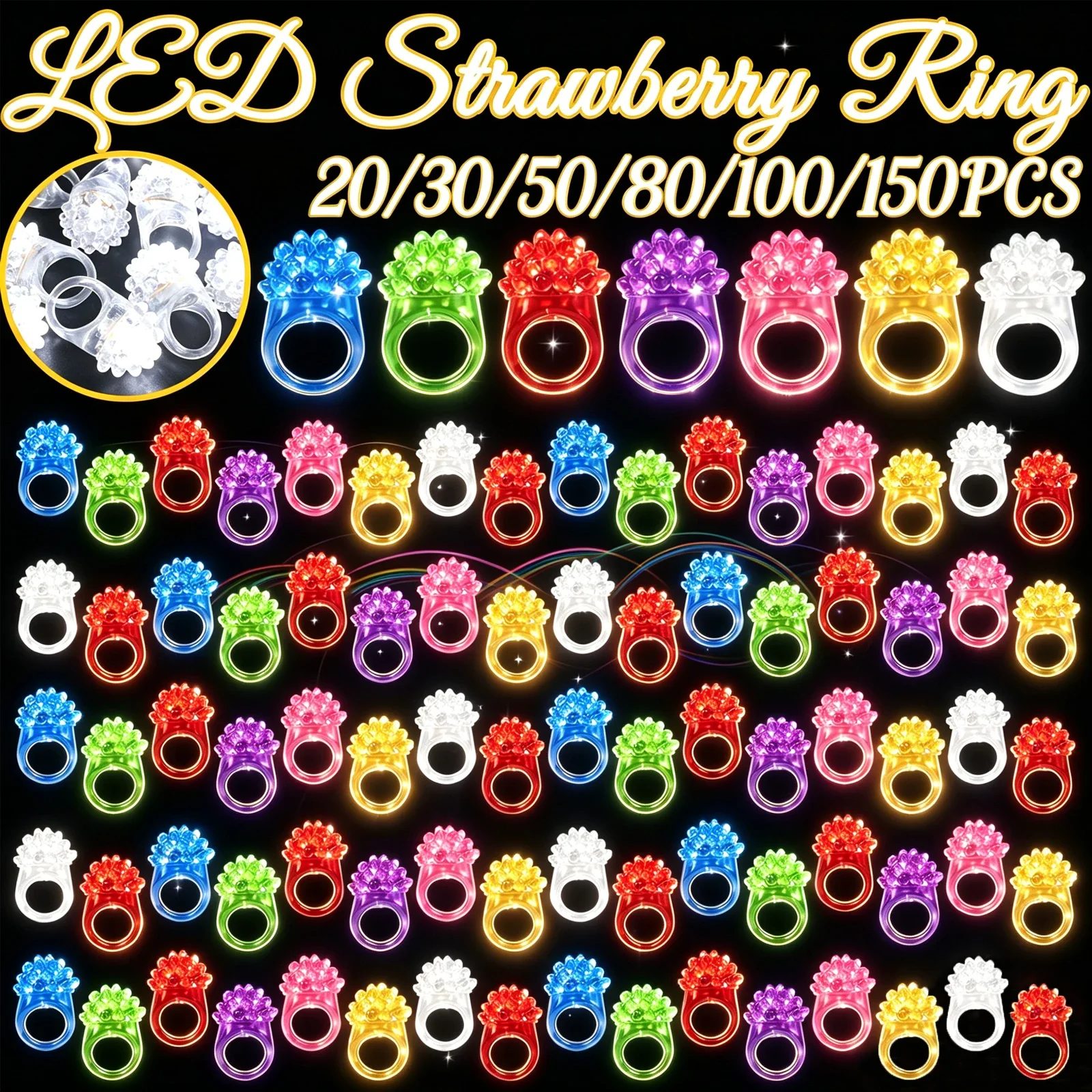 20-150pcs LED Light Up Rings Flashing Strawberry Ring Glow In The Dark for Adult Party Wedding Birthday Halloween Christmas Gift