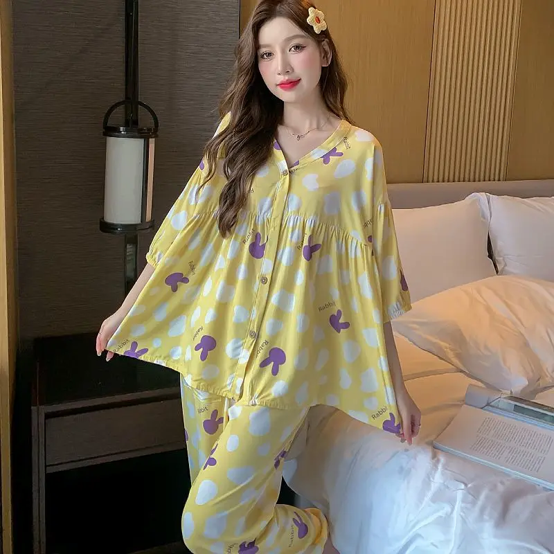 Plus Size Cotton Silk Pajamas Spring Autumn Thin Sleepwear Long Sleeved Cotton Women Loungewear Sweet Cute Summer Homewear Set