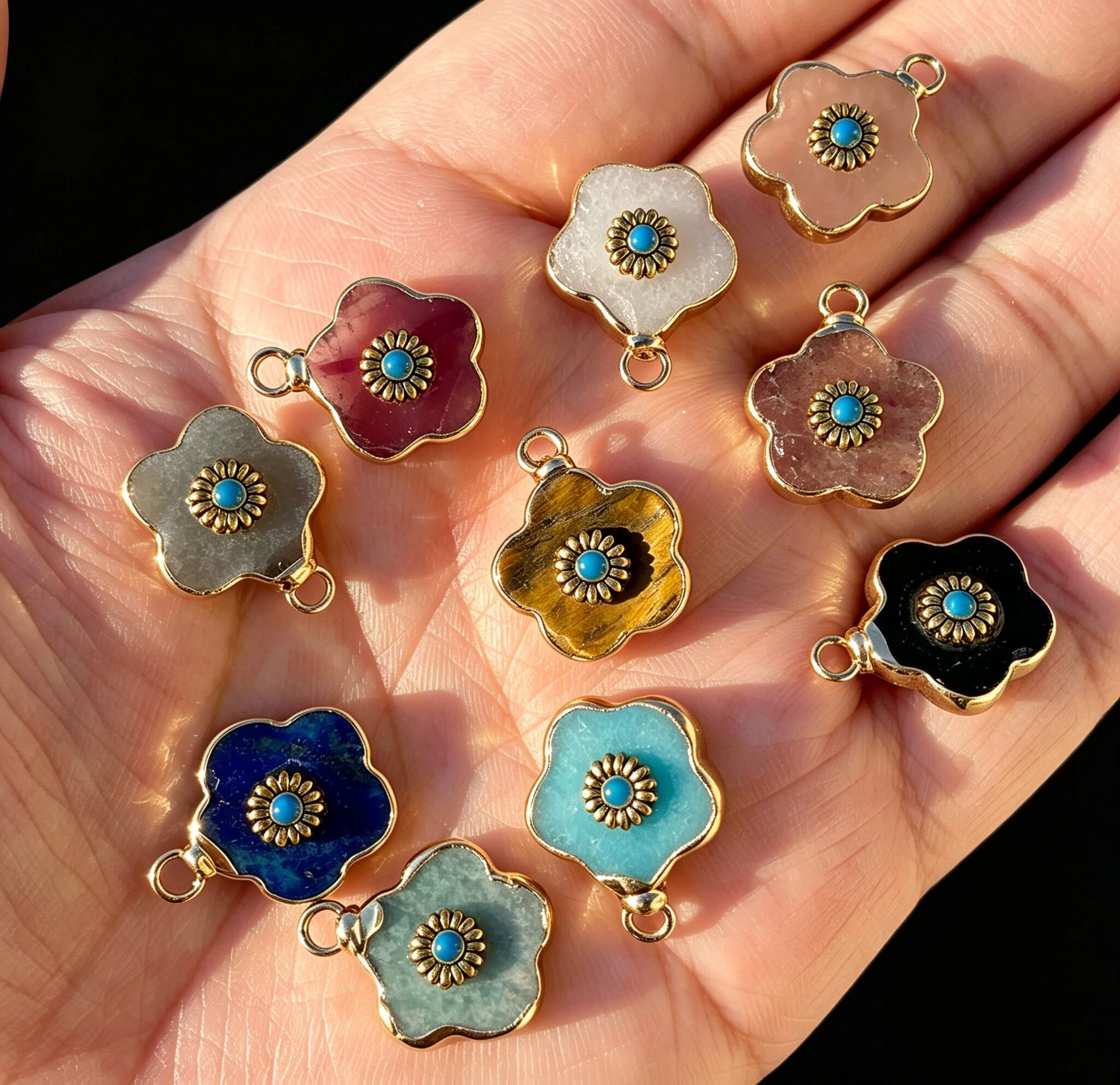 2PCS Retro Flower Natural Stone Rose Quartz & Amazonite Pendants