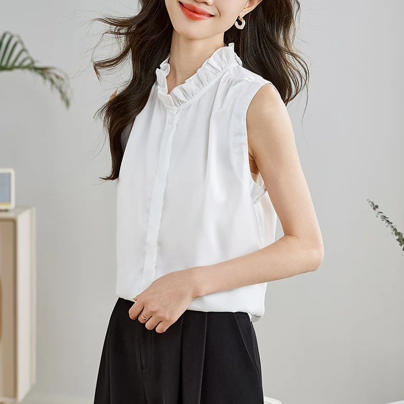 

Women Fashion White Lace Collar Vest Fungus Edge Stand-up Sleeveless Satin Shirt Tops