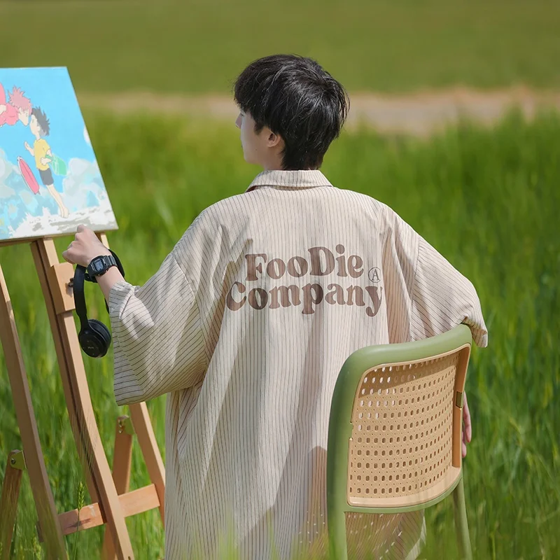 

Мужская летняя тонкая рубашка свободного кроя с коротким рукавом, повседневная модная брендовая верхняя одежда, куртка с отложным воротником и принтом