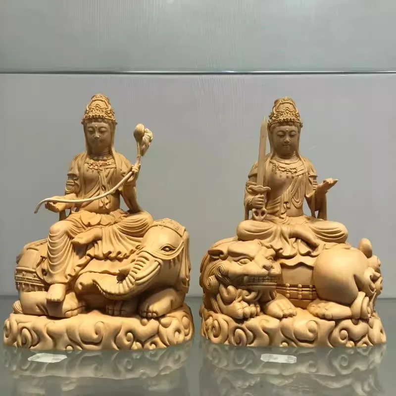 Пара статуэток бодхисаттв Манджушри на льве и Самантабхадры на слоне из хиноки, вырезанные вручную (набор из 2) - Духовное украшение Пара статуэток бодхисаттв Манджушри на льве и Самантабхадры на слоне из хиноки, вырезанные вручную (набор из 2) - Духовное украшение