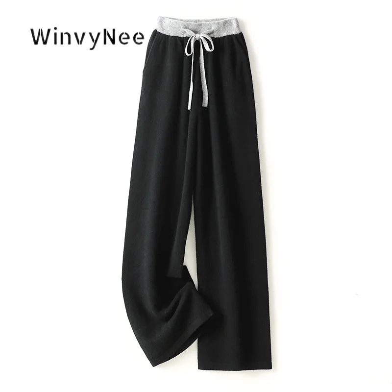WinvyNee Women Adjustable Waist Knit Long Pants 100% Wool Trousers Autumn Winter Smooth Texture Minimalist Full Bottom ZD1503007