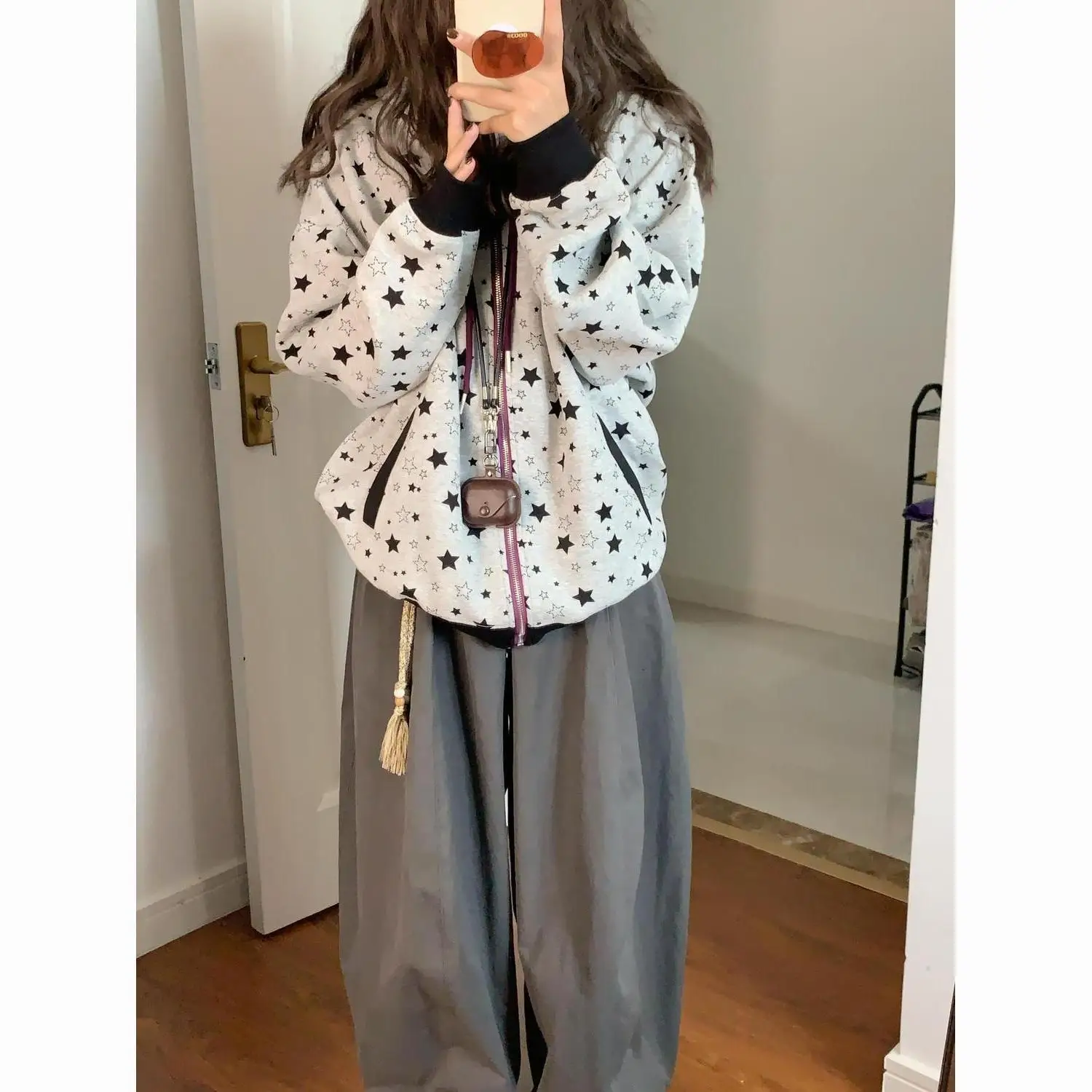 プリント刺繍ジッパー中国綿複合薄型ルーズファッショナブルな韓国スタイルデザイン花柄スター