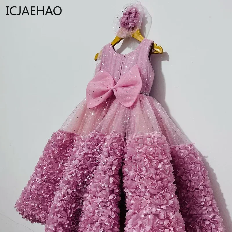 

Birthday Baby Banquet Clothes Girl Elegant Luxury Flowers Dress for Kids Children Sequins Pink Gowns Infants Outfit Matching