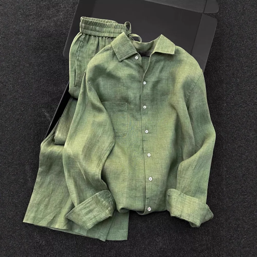 Unique and Beautiful Linen Suit 2025 New Women's High-end Green Cotton and Linen Shirt Wide-leg Pants Two-piece Set