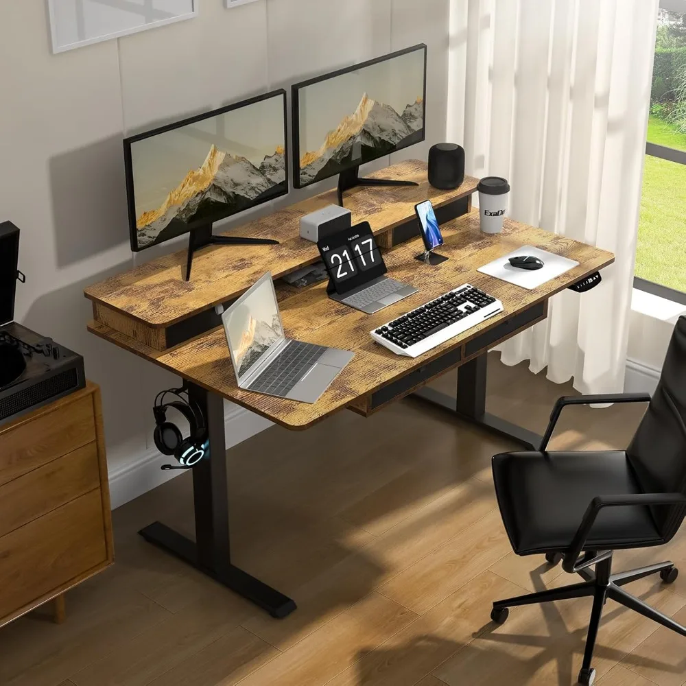 

Computer Desk with 4 Drawers, Double Storage Shelves Stand Up, Adjustable Height, Easy To Install, Gaming Desk, 63 * 30 Inches