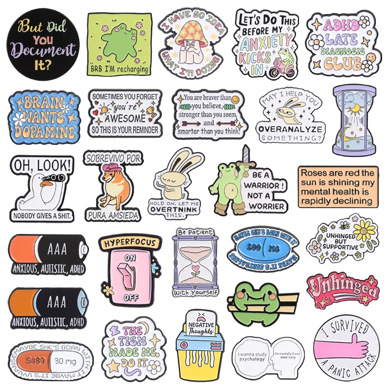 Mental Health Series Enamel Pins ADHD Anxious Autistic Neurospicy Negative Thoughts Cute Animal Brooch Lapel Badge Jewelry Gifts