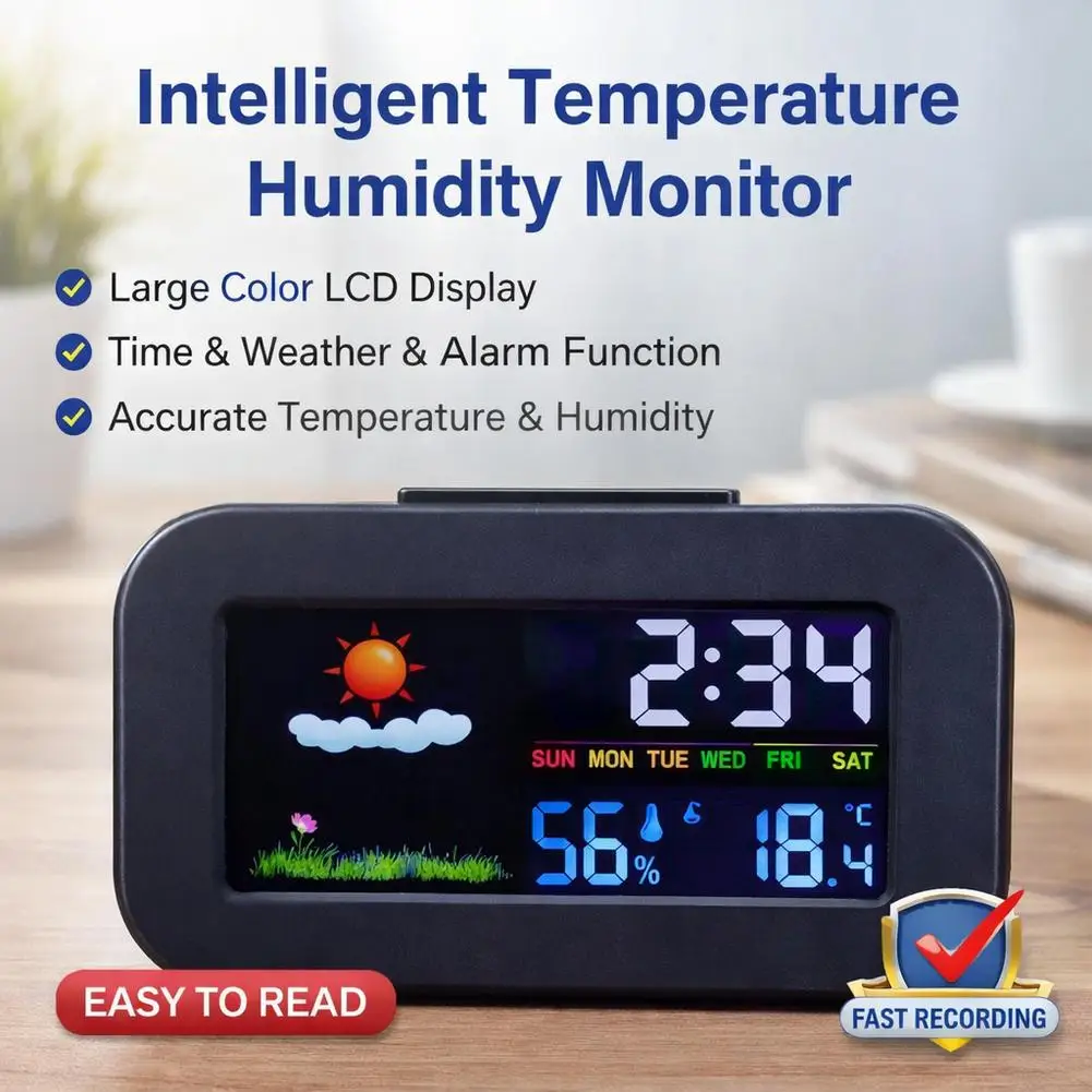 Weather Station Clock with Color Display - Temp & Humidity Monitor, Backlit for Kids & Teens, Perfect for Bedroom & Dorm Desk