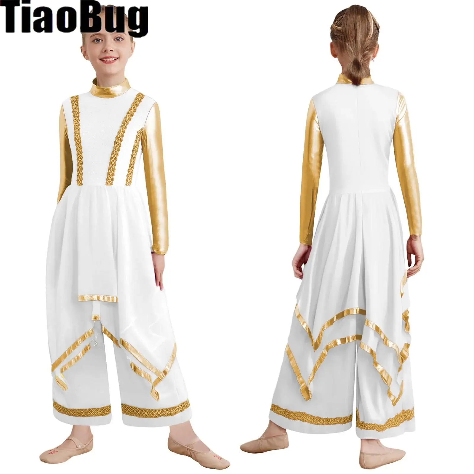 

Girls Liturgical Praise Worship Dance Dress Choir Costume Long Sleeve Gold Trim Metallic Irregular Hem Dress with Wide-Leg Pants