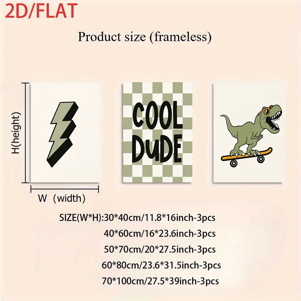 A stylish and cool triptych depicting skateboarding dinosaurs and lightning, in a frameless two-dimensional design.