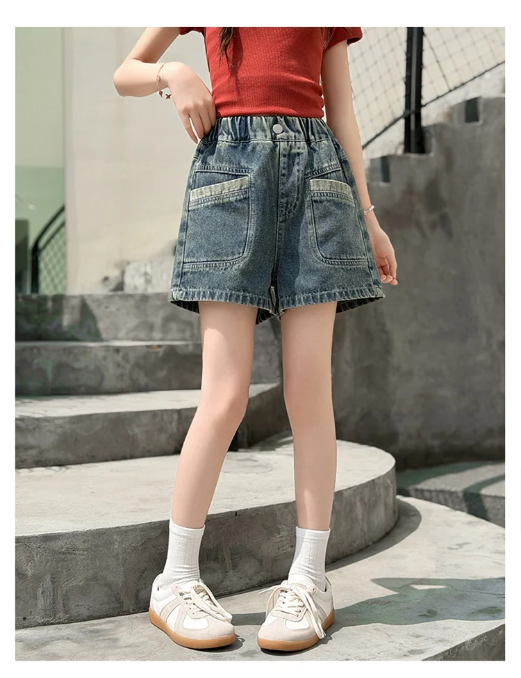 Retro-Design Mädchen-Jeansshorts für Teenager, Sommer-Freizeitshorts mit Taschen, Hochwertige Kinder-Modehose, Alter 5-14 Jahre – Detail 6