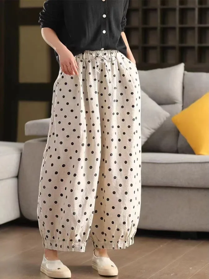 Pantalones de pierna ancha de lino y algodón con estampado Floral, pantalones holgados artísticos Retro rectos de nueve puntos, pantalones casuales de cintura alta para mujer