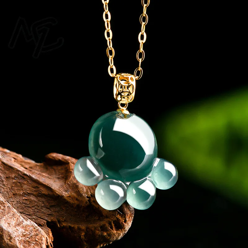 Natural Real Emerald Blue Water Jade Cat's Paw Pendant Necklace Carved Jadeite Jewelry Fashion Amulet Gifts Certificate Women view 2