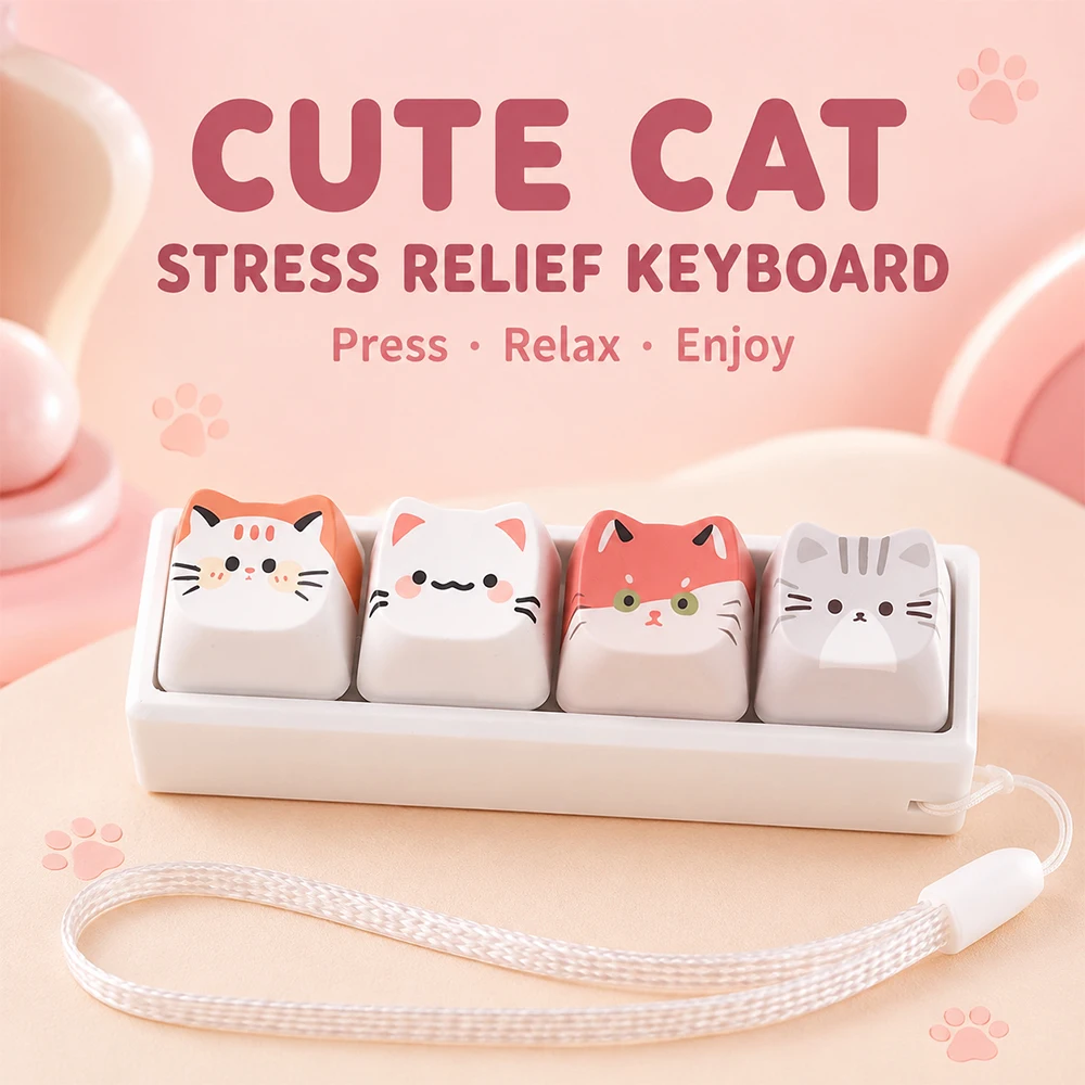 Niedliche Katzen-Fidget-Tastatur mit 4 Tasten, Kreativer Keycap-Schlüsselanhänger, Finger-Fidget-Knopf, Kawaii Mechanische Tastatur-Schlüsselanhänger, Taschenanhänger – Detail 1