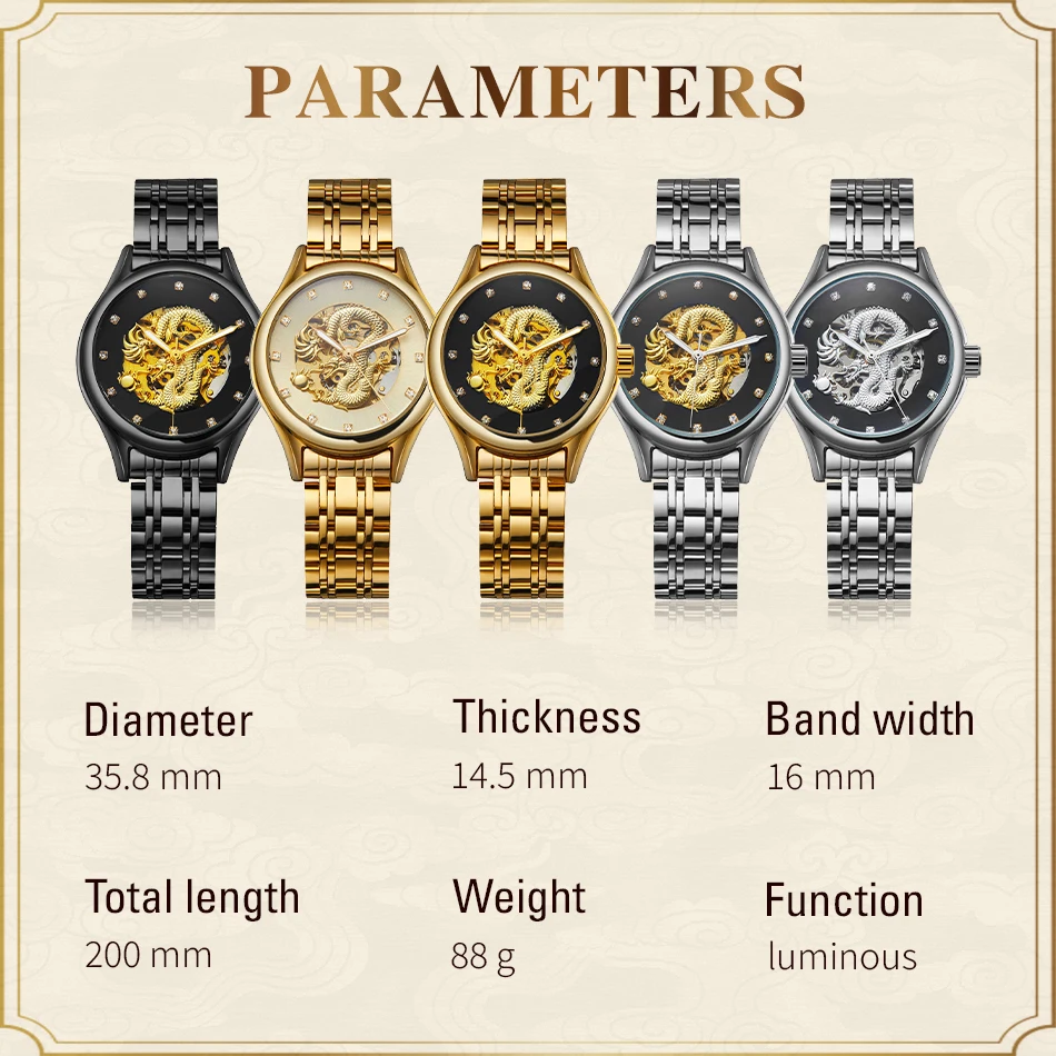 T-WINNER High-end Luxury Dragon Woman Watch Stainless Steel Skeleton Mechanical Diamond Women's Wrist Watches Automatic Movement - Image 4