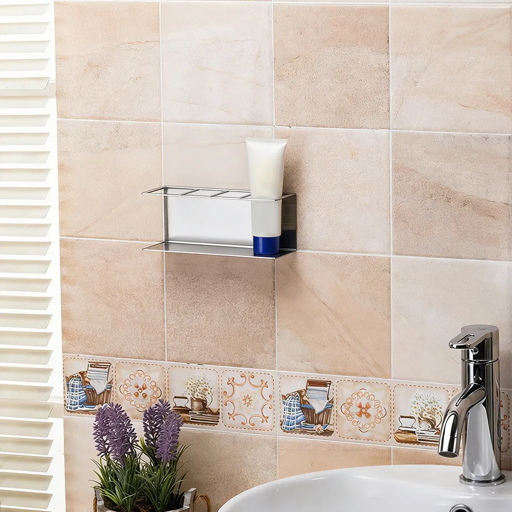 4 Slot Wall Mounted Toothbrush Holder Stainless Steel Electric Toothbrush Storage Stand with Toothpaste Shelf Organizer Rack