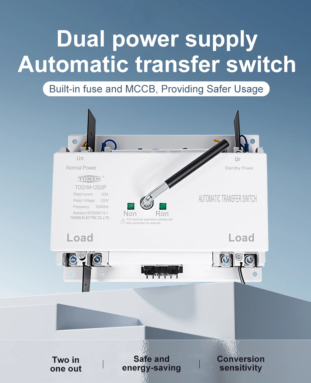 TOMZN TOQ1M-2P 100-250A 230V Dual Power Automatic Transfer Switch Built-in MCCB & Fuse ATS for Generator & Utility/City Power