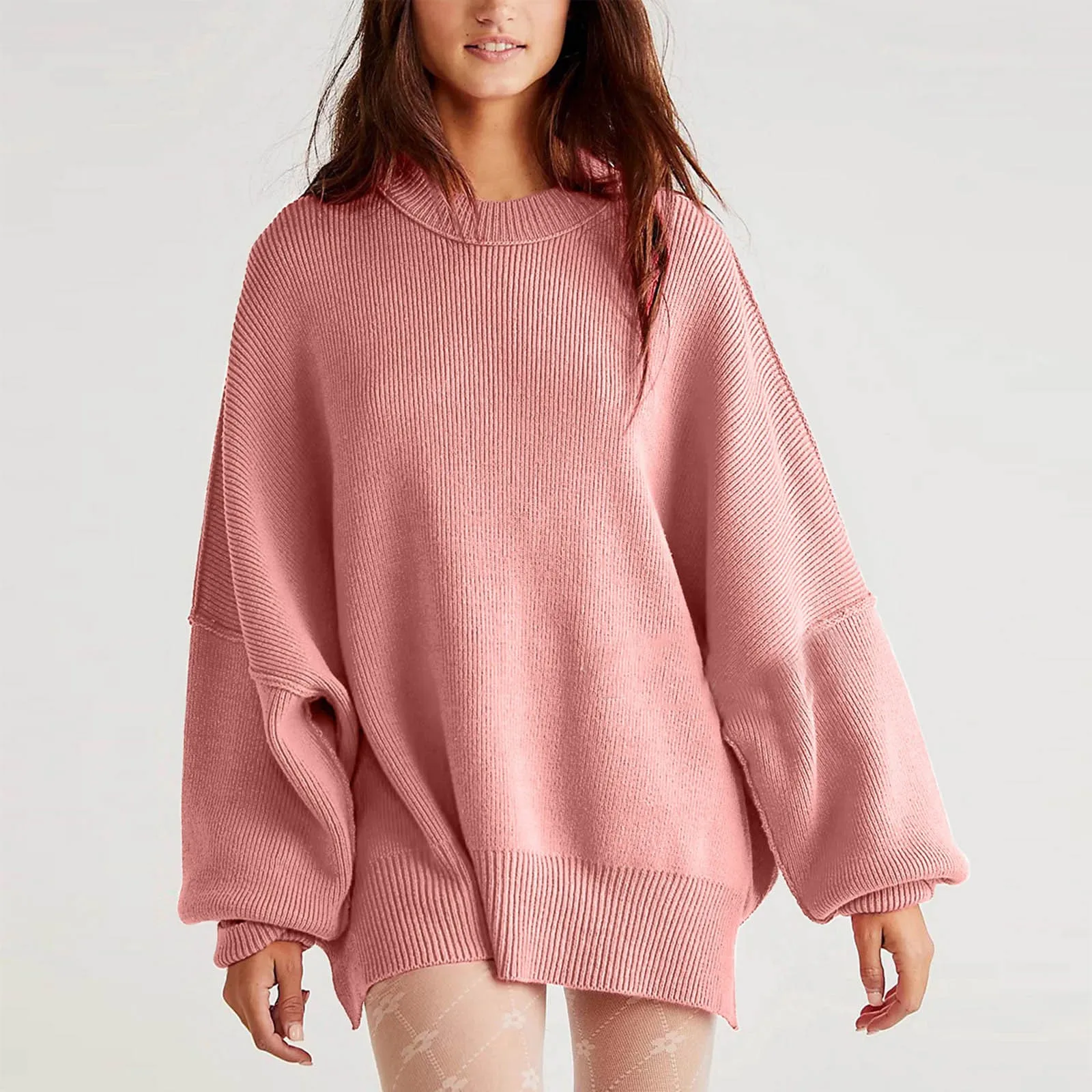 European American Round Neck Bat Wing Long Sleeved Sweater for Women Spring Autumn New Knitted Side Slit Pullover Fashion Tops