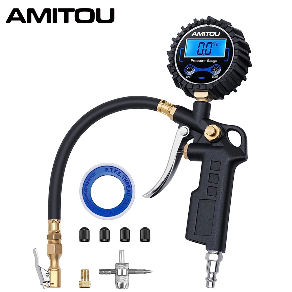 AMITOU เครื่องวัดความดันยางแบบดิจิตอลแบบพกพาหยุดอัตโนมัติ 250PSI สําหรับรถยนต์จักรยานรถจักรยานยนต์ Inflator หัว