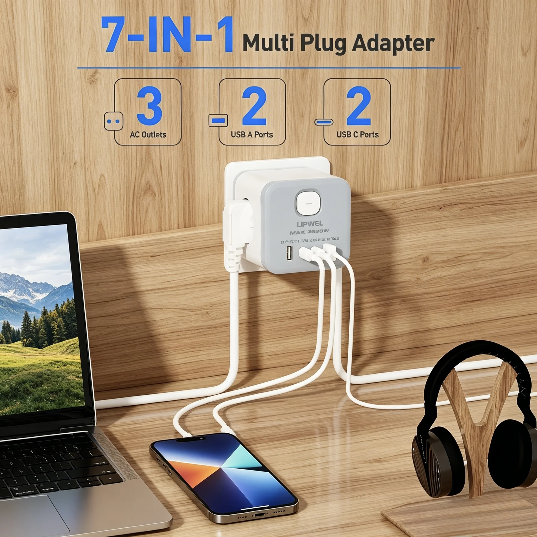 EU Plug 7-in-1 Multi Plug Adapter Cube Power Strip 3680W Wall Socket Extender with 2 USB-A 2 Type-C Ports Fast Charging Overload