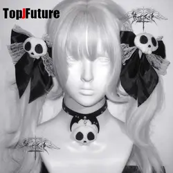 Lolita Gothic Harajuku Y2K girl Dark  punk subculture Cute skull plush bow Lace clip headband hairgrips Hair clip necklace