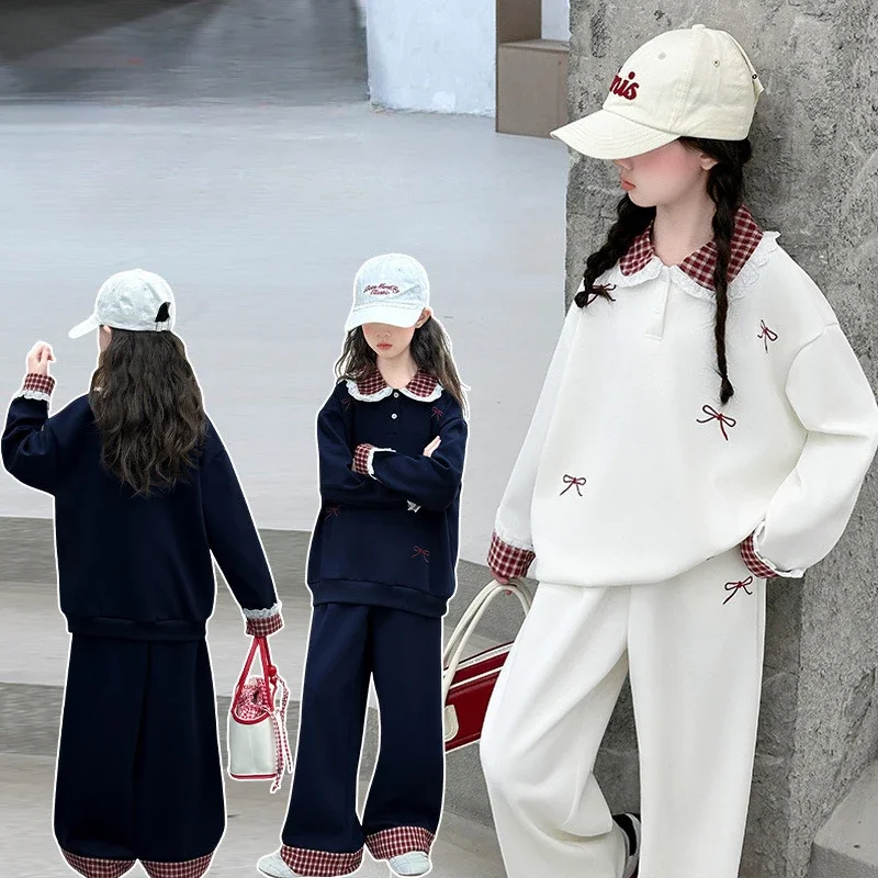 

Детский спортивный костюм, осенний комплект одежды для девочек, клетчатый свитшот с лацканами + широкие брюки, повседневная подростковая одежда, спортивный костюм
