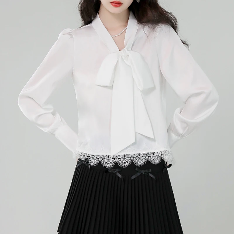 

2025 новые модные кружевные короткие блузки, женские элегантные женские атласные блузки, женские корейские повседневные уличные рубашки с бантом и вырезом