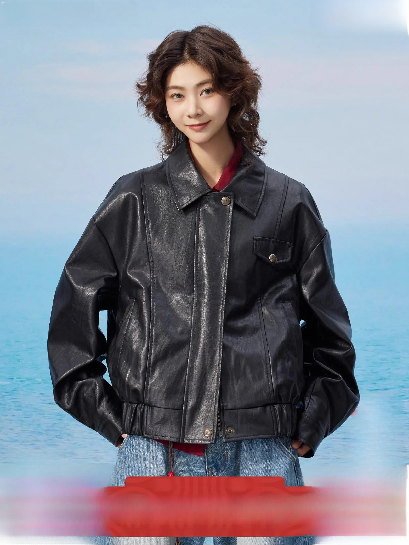 

Maood ort PU Leather Jaet Boxyfit Commute Workwear Casual Sle Windproof Multi kets Zipper Closure Pure Color