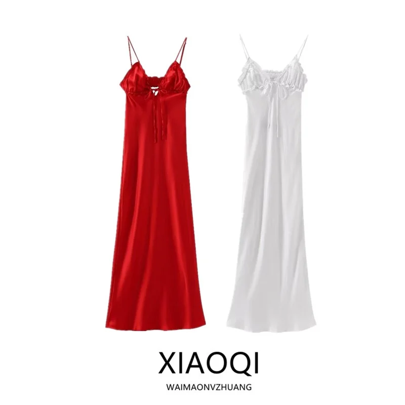 Letnia sukienka midi damska z jedwabiu dr, satynowa, warstwowa, ozdobna, na ramiączkach, elegancka, sezonowa, modna, jednoczęściowa.