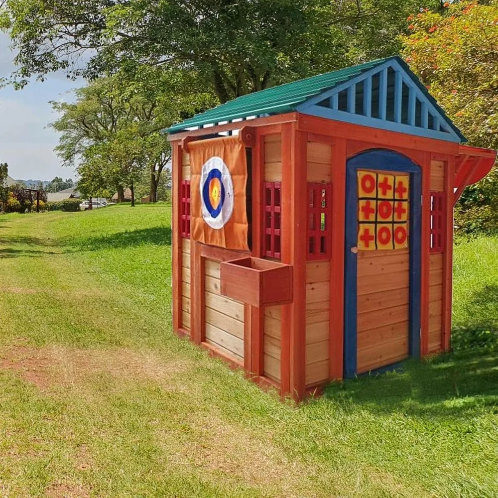 

Outdoor Playhouse for Age 3-8 Years Boy Girl, Wooden Cottage Playhouse with 4 Game Awning Window, Ball Wall, Dart Throwing