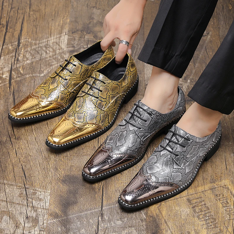 Fashionable Block Shoes Men Pointed Silver Gold Flower Lace Up Business Classic Printed Formal Shoes Luxury Men Shoes Size 38-46