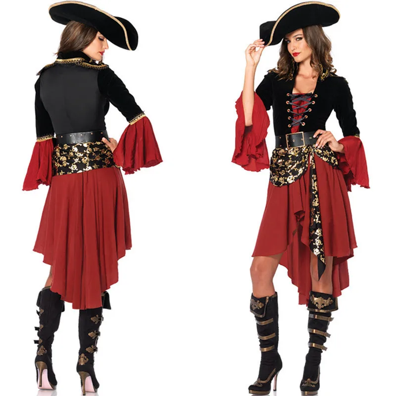 Women Caribbean Pirates Captain Costume Halloween Role Playing Cosplay Suit Medoeval Gothic Fancy Female Clothing Hat Belt Dress