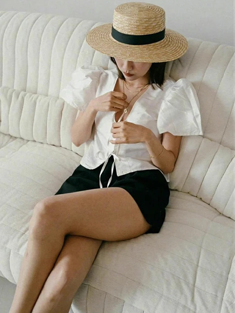 Pure Cotton Bubble Sleeve V-Neck Shirt Summer Short Style Women's Tie Waist Street Style round Neck Cotton 100% Naturaleye