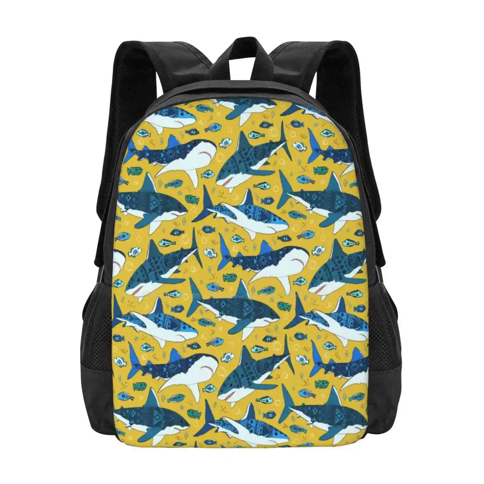 Sharks On Mustard Fashion Pattern Design Travel Laptop School Backpack Bag Shark Animals Ocean Seas Pattern Hand Drawn Hand