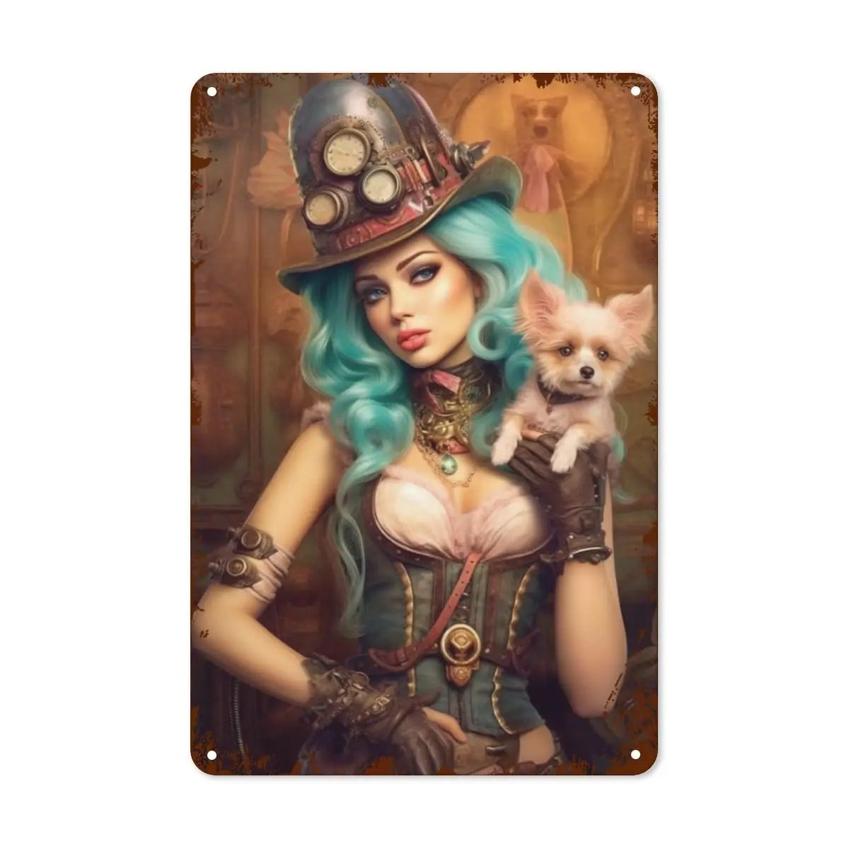 Retro Pinup Girls Metal Tin Sign Steampunk Girl And Cute Dog Funny Tin Sign Vintage Wall Decor Art for Wanderlust Souls 8x12 Inc