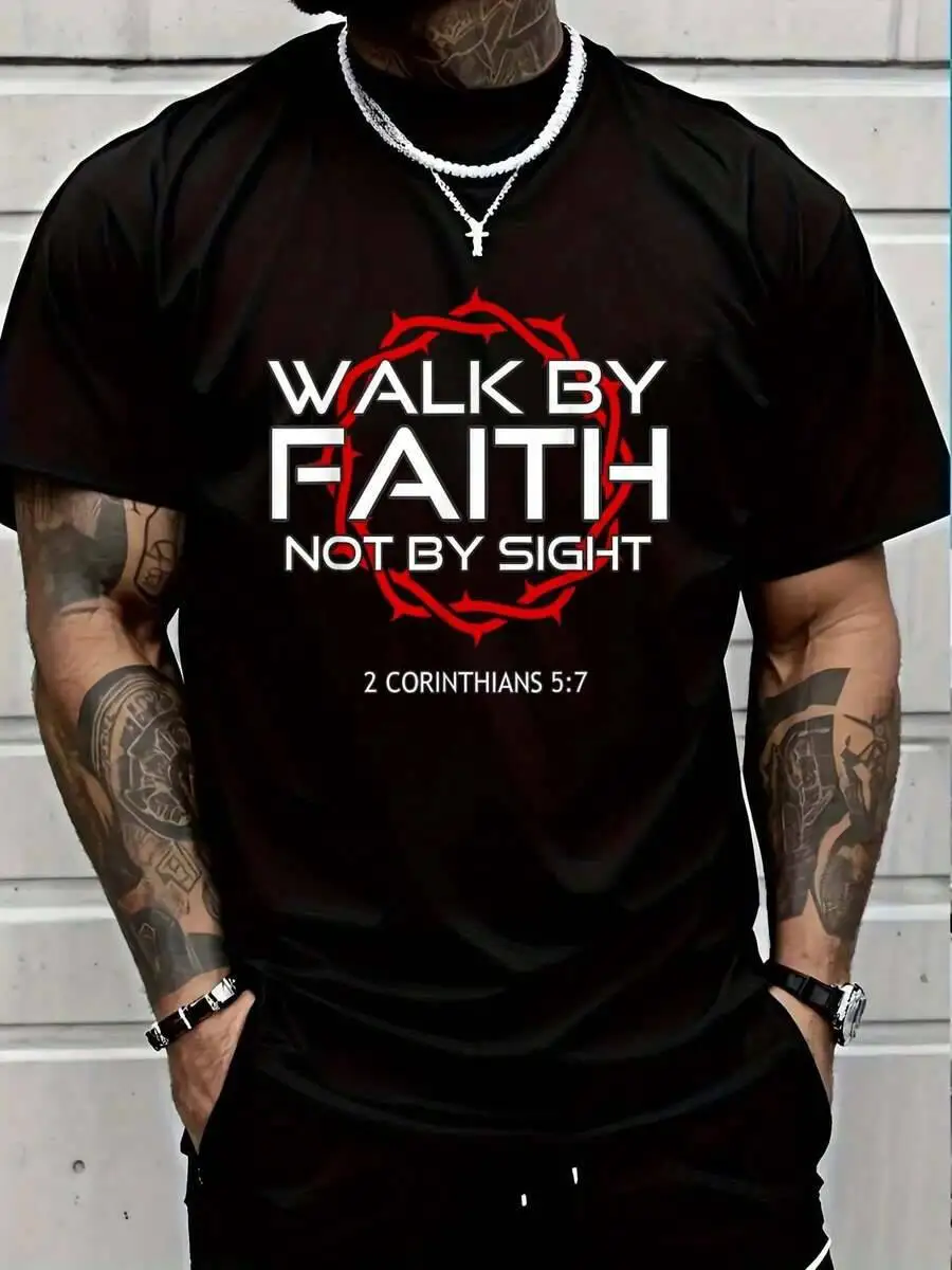 100% Cotton Jesus Walk By Faith Christian Round Neck Short Sleeve T-Shirt Men's Women's Men Graphic Tee 100% Cotton Trendy Y2K Short-Sleeve Tee-Soft, Quick-Drying, Moisture-Wicking; Ideal for Sports or Casual Wear; Great Gift for Christmas or Halloween.
