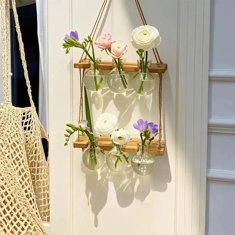 Ins Style Hydroponic Test Tube Vase - Wall Mounted Wooden Frame Hydroponics Decorative Container for Home Office Party Gift Vase