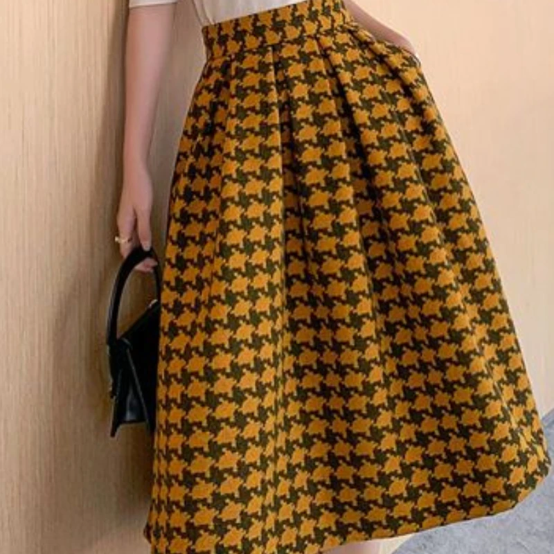 Matakawa Plaid Woolen Skirts for Women Retro Elegant Autumn Winter Korean Fashion Faldas Mujer A-line Contrast Color Long Skirt