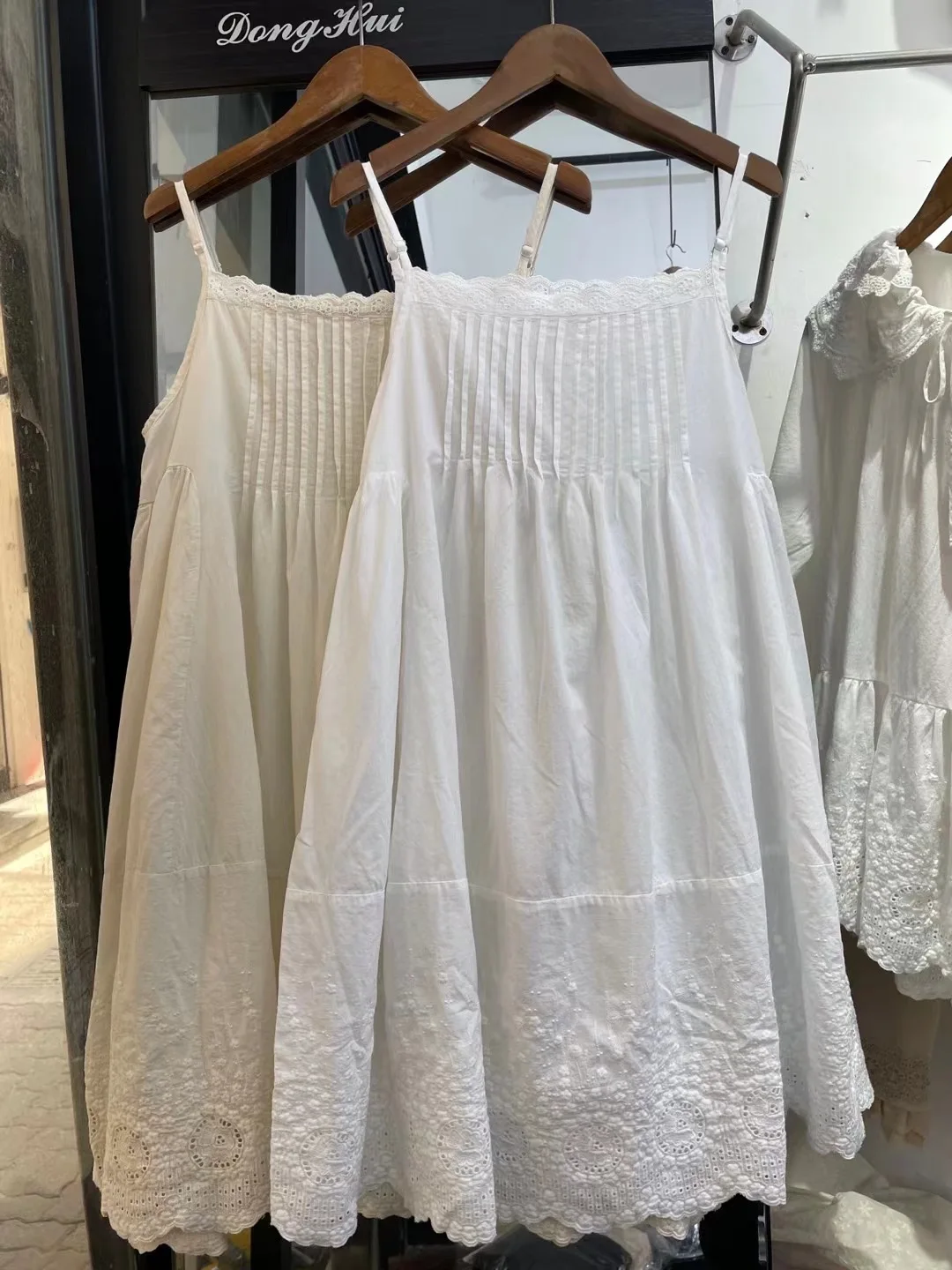100% Cotton pleated embroidery hollow out white black beige slip dress mori girl autumn summer Japan style sweet petticoat dress