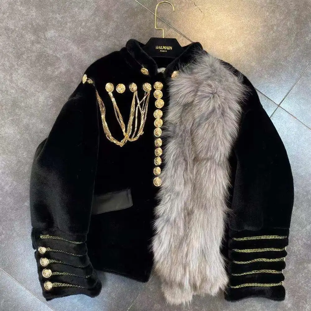 

2025 Winter Women Jacket Coat Standing Collar Long Sleeve Embroidered Edge with Gold Buckle Chain Cotton Jacket for Women