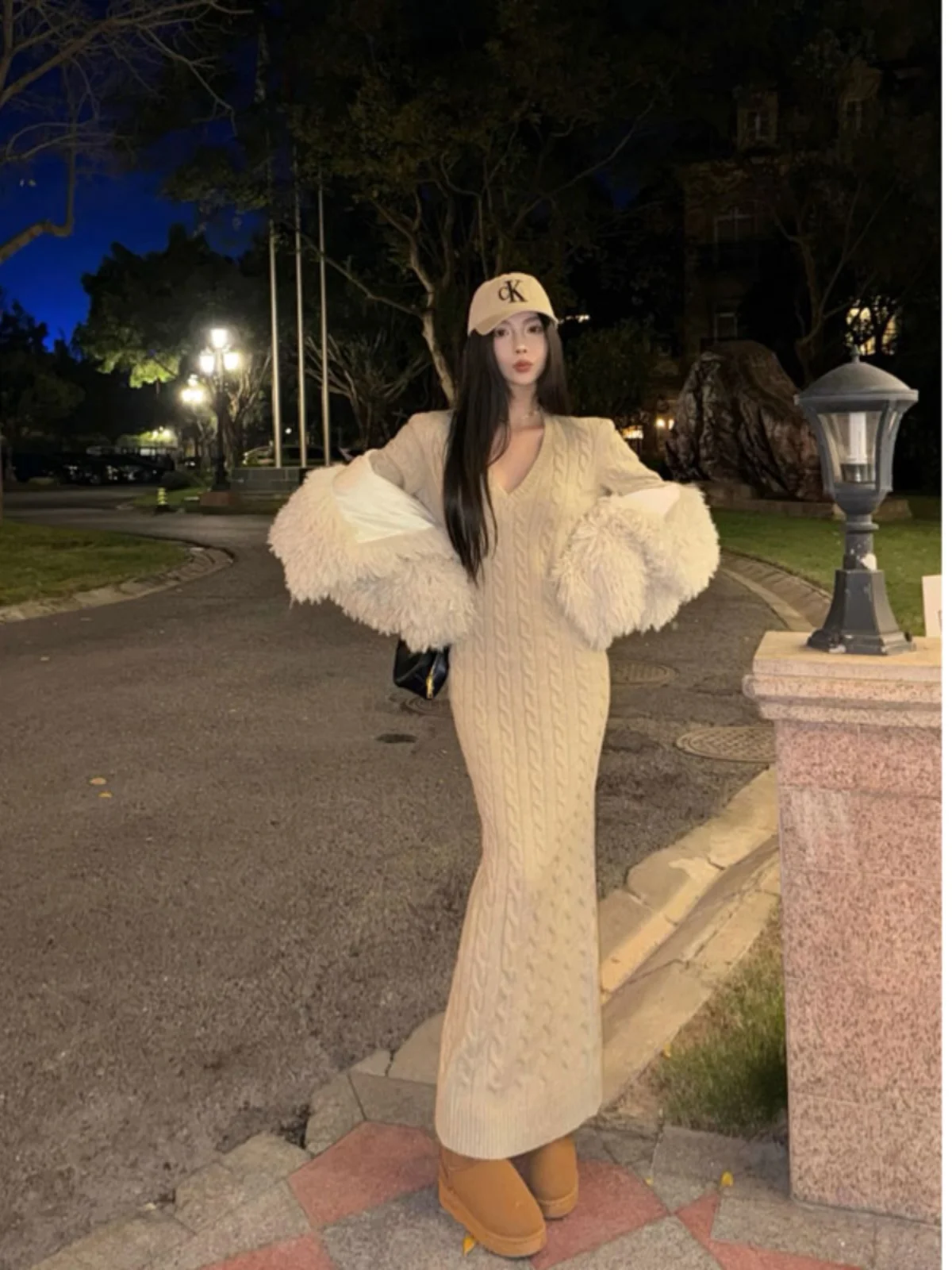 Ay tweed malha v-ne envoltório corpo dr feminino outono inverno longo tornozelo comprimento camada base camisola dr casual hepburn sle