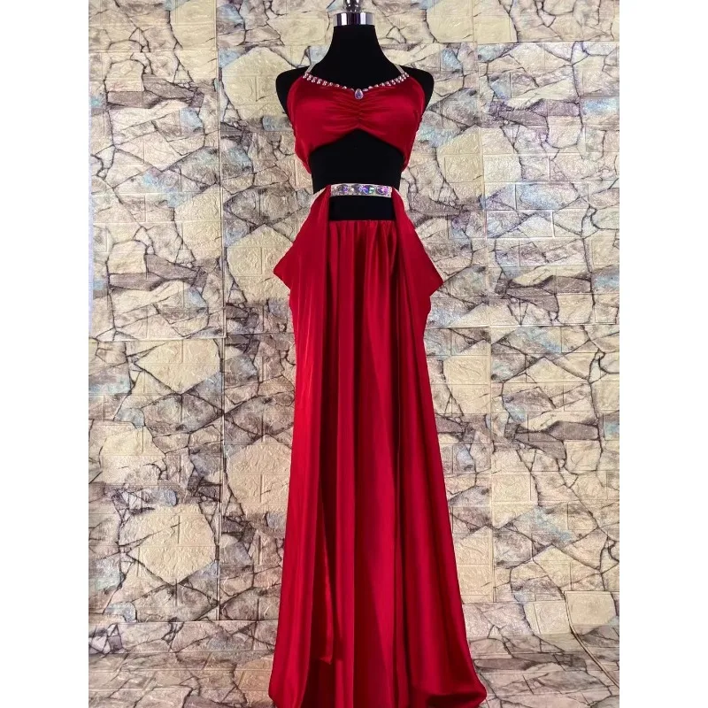 Trajes de dança do ventre personalizados, cintura de cetim, saia longa cinched + suspensório, top cheio de diamantes com almofada no peito, roupa de dança oriental