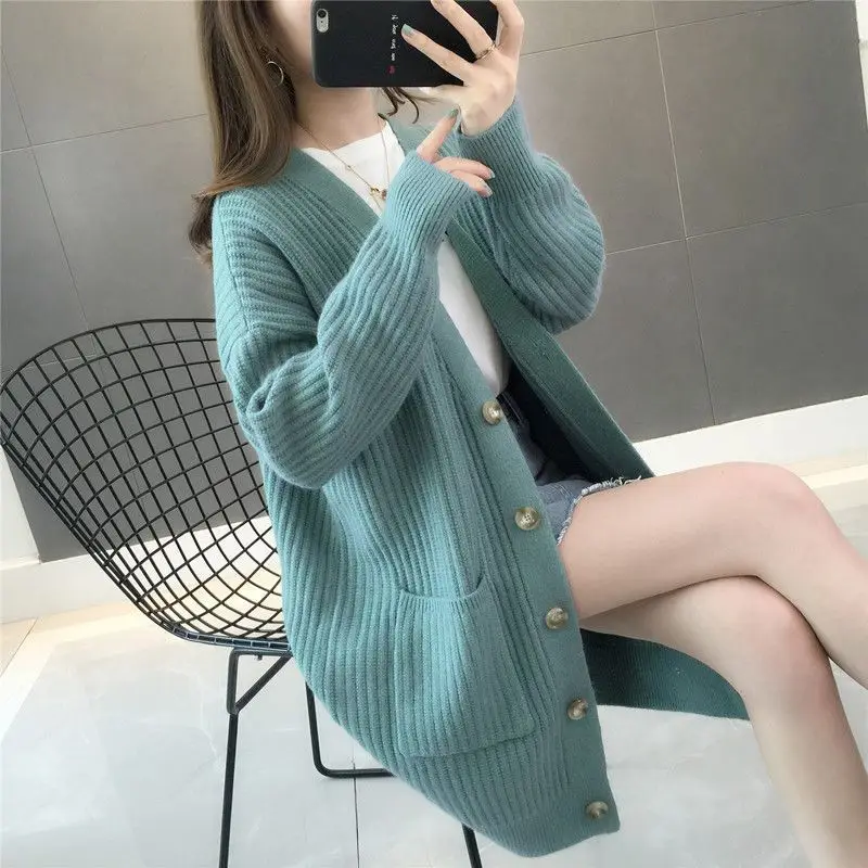 Cardigan de malha grosso de comprimento médio para mulheres, suéter solto, estilo coreano, casaco de malha, primavera, outono, novo, 2023